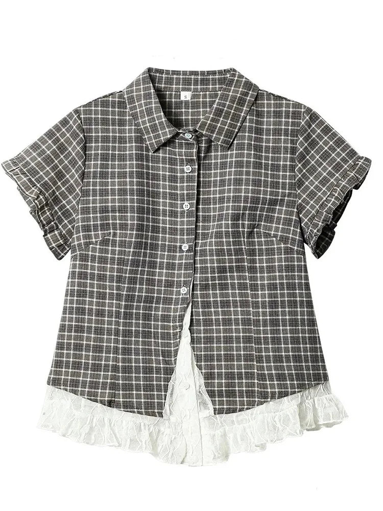 Women's Checked Lace Detail Collared Shirt