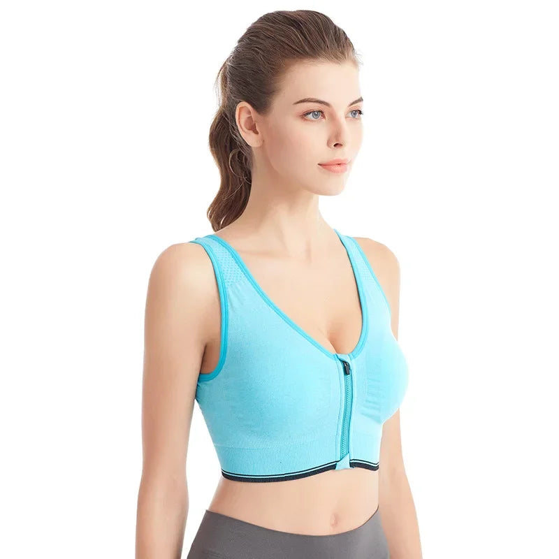 Women's Front Zip Cross Back Sports Bra