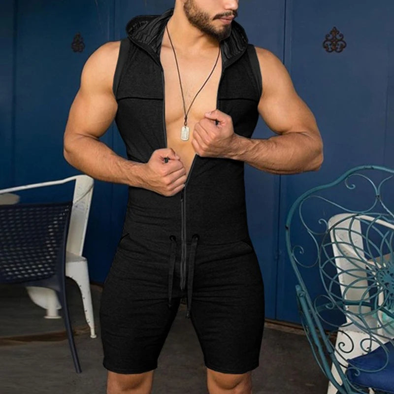 Men's Sleeveless Hooded Zip Front Short Pajama Romper
