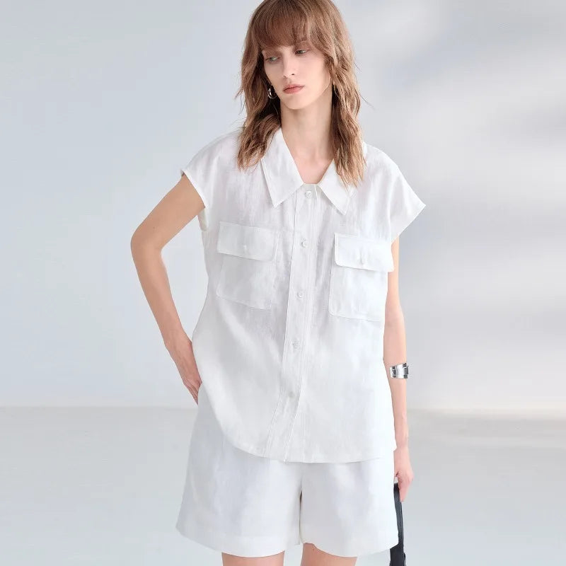 Women's Linen Collared Loose Button-Up Shirt with Front Pockets and Dropped Shoulders