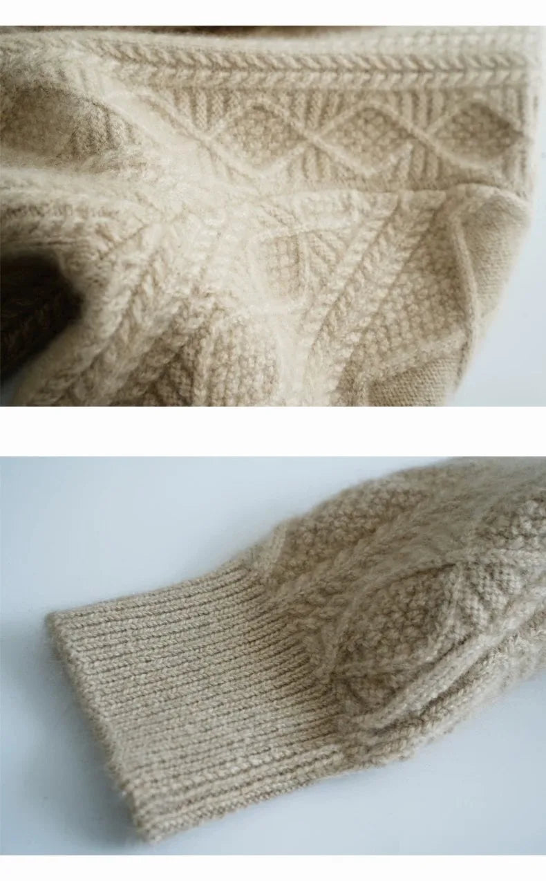 new autumn and winter cashmere twisted floral women's round neck cardigan sweater loose 100%wool