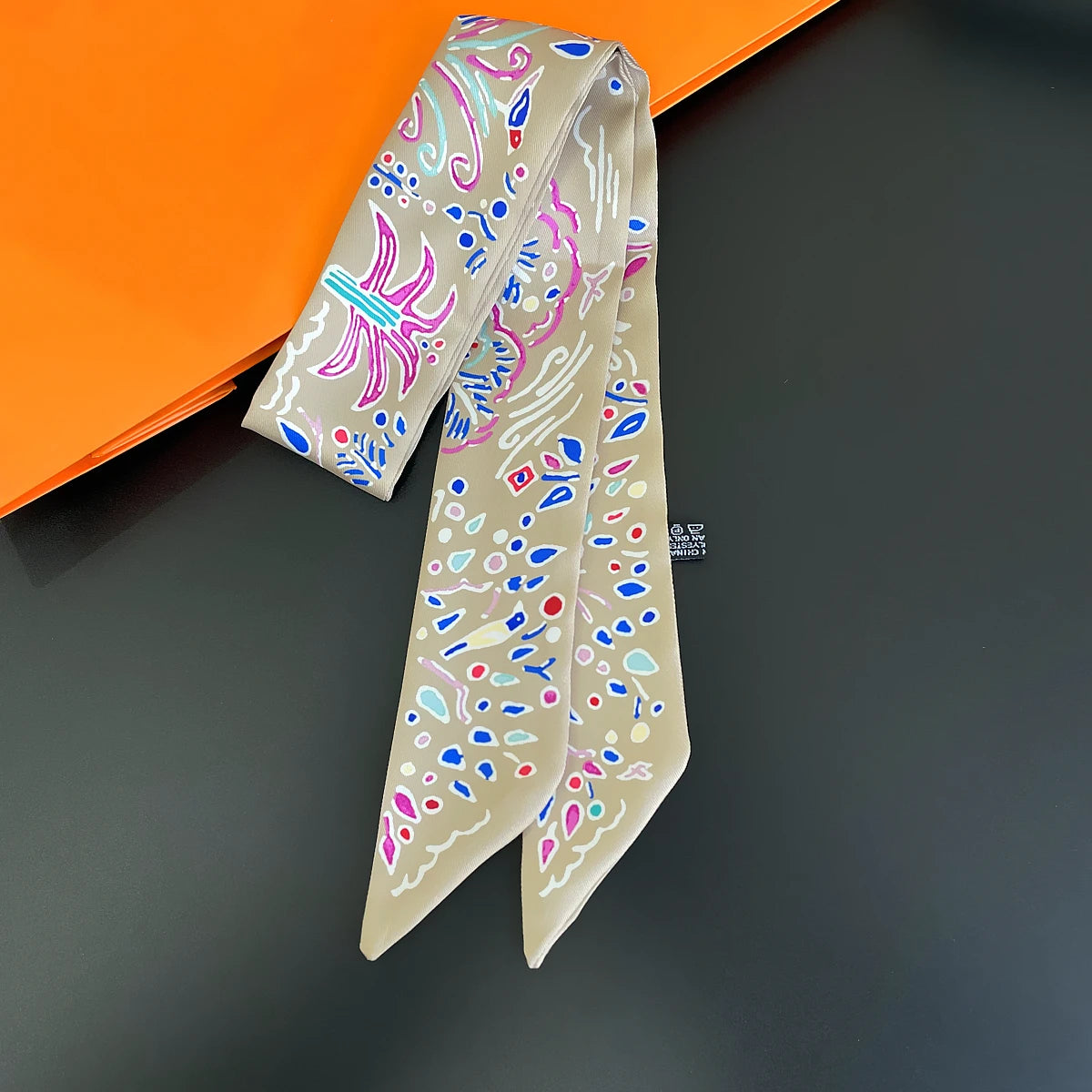 Colorful Printed Skinny Ribbon Scarf with Tie Ends