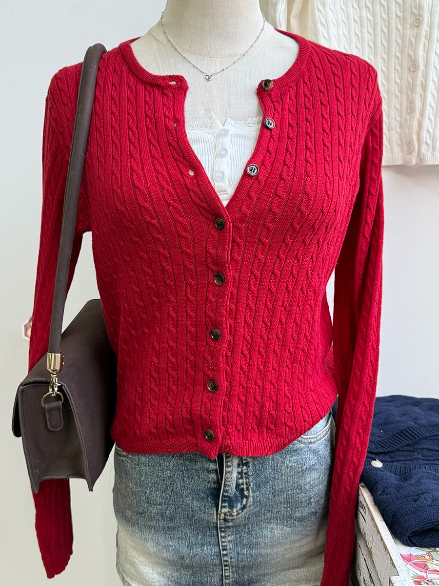 Women's Round Neck Button Front Cardigan Casual Knit Layer