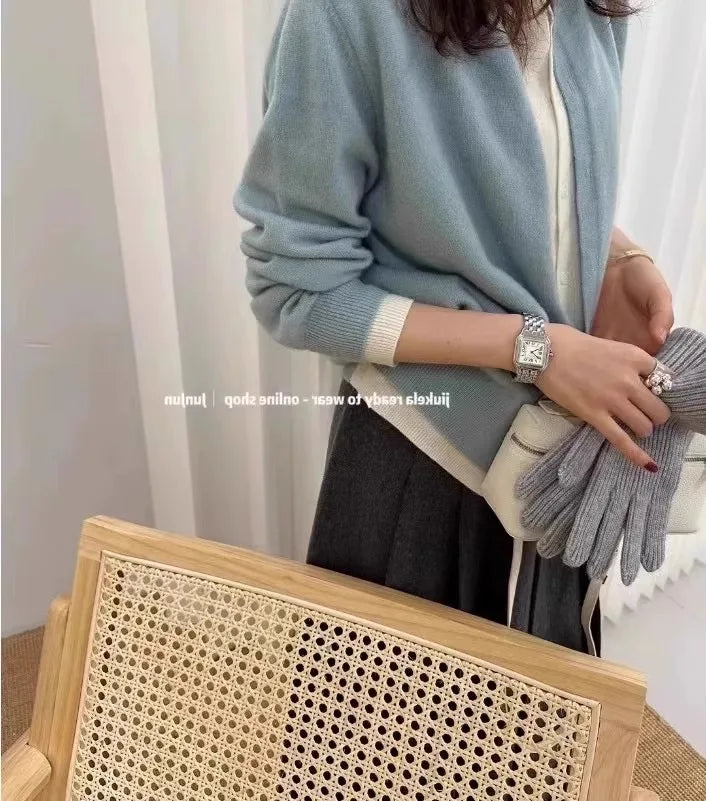 Fake two 100% pure cashmere sweater cardigan dark grey high-grade wool knit coat top