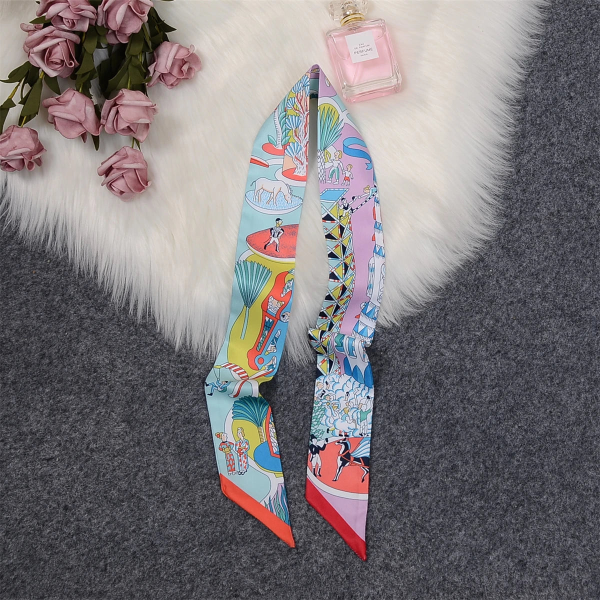 Horse Motif Skinny Ribbon Scarf with Printed Designs