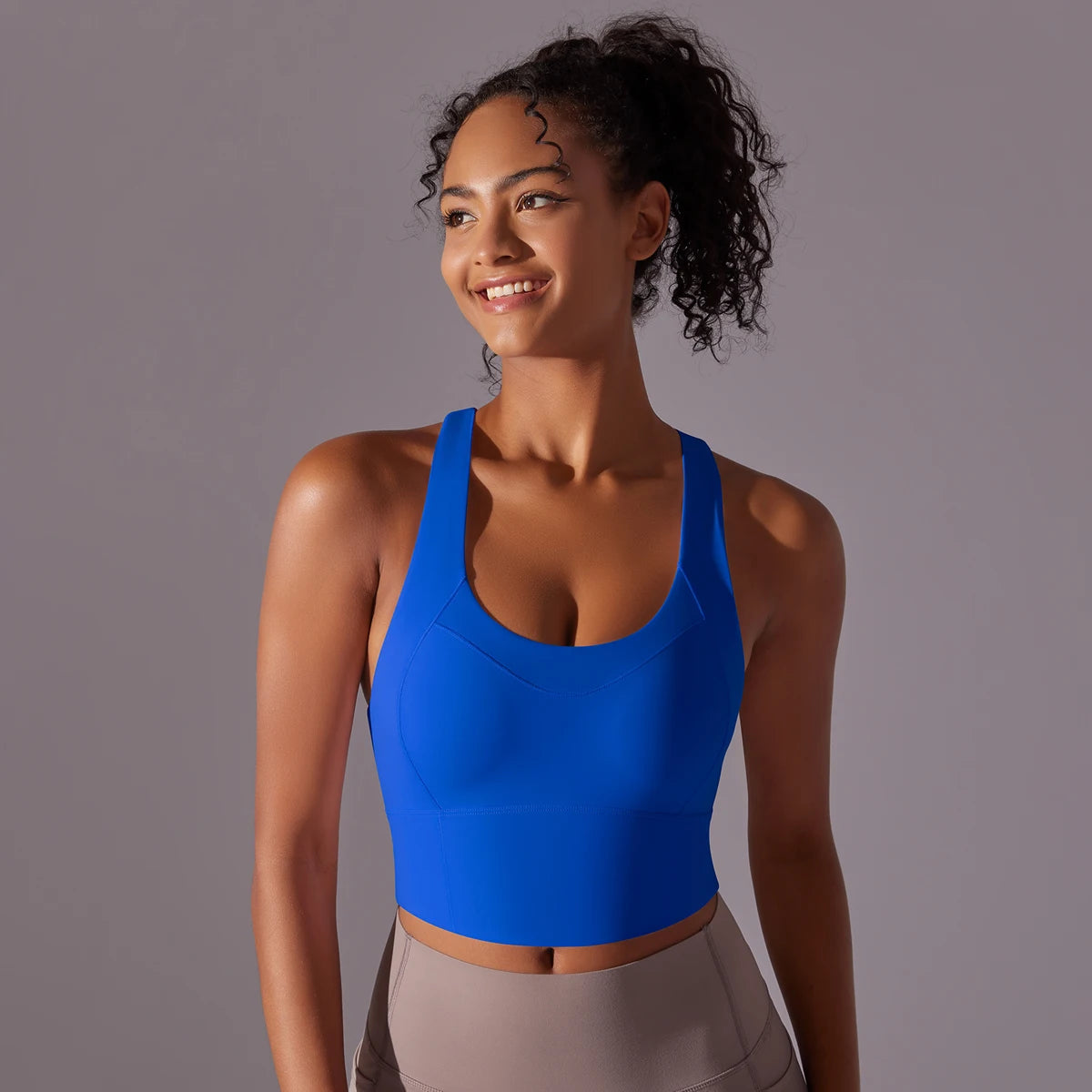 Women's Cross Back Nylon Blend Longline Sports Bra with Scoop Neck
