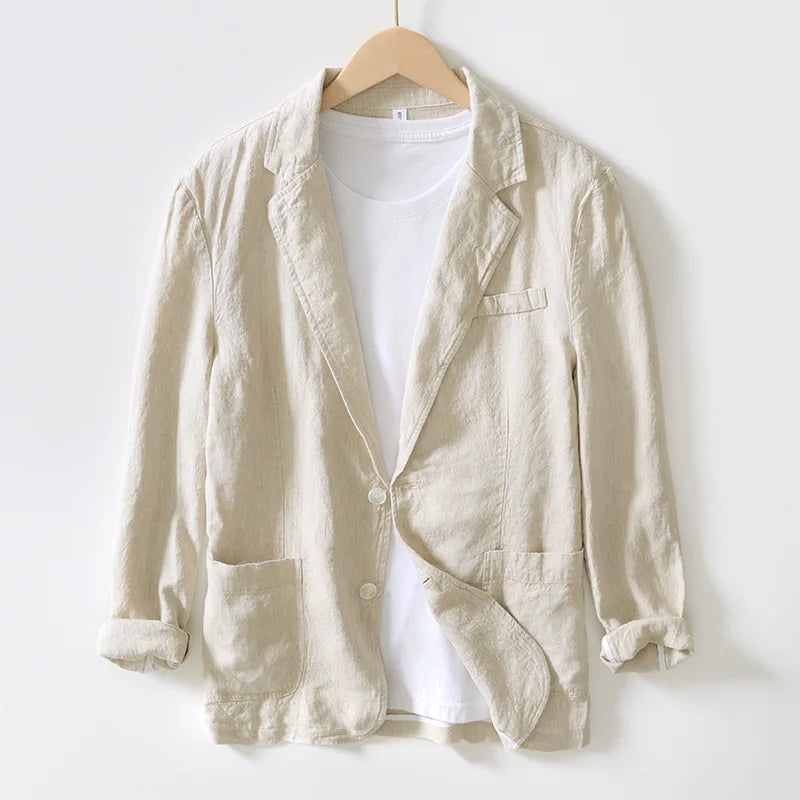Men's Linen Single-Breasted Notched-Lapel Blazer with Long Sleeves for Smart Casual Outfits