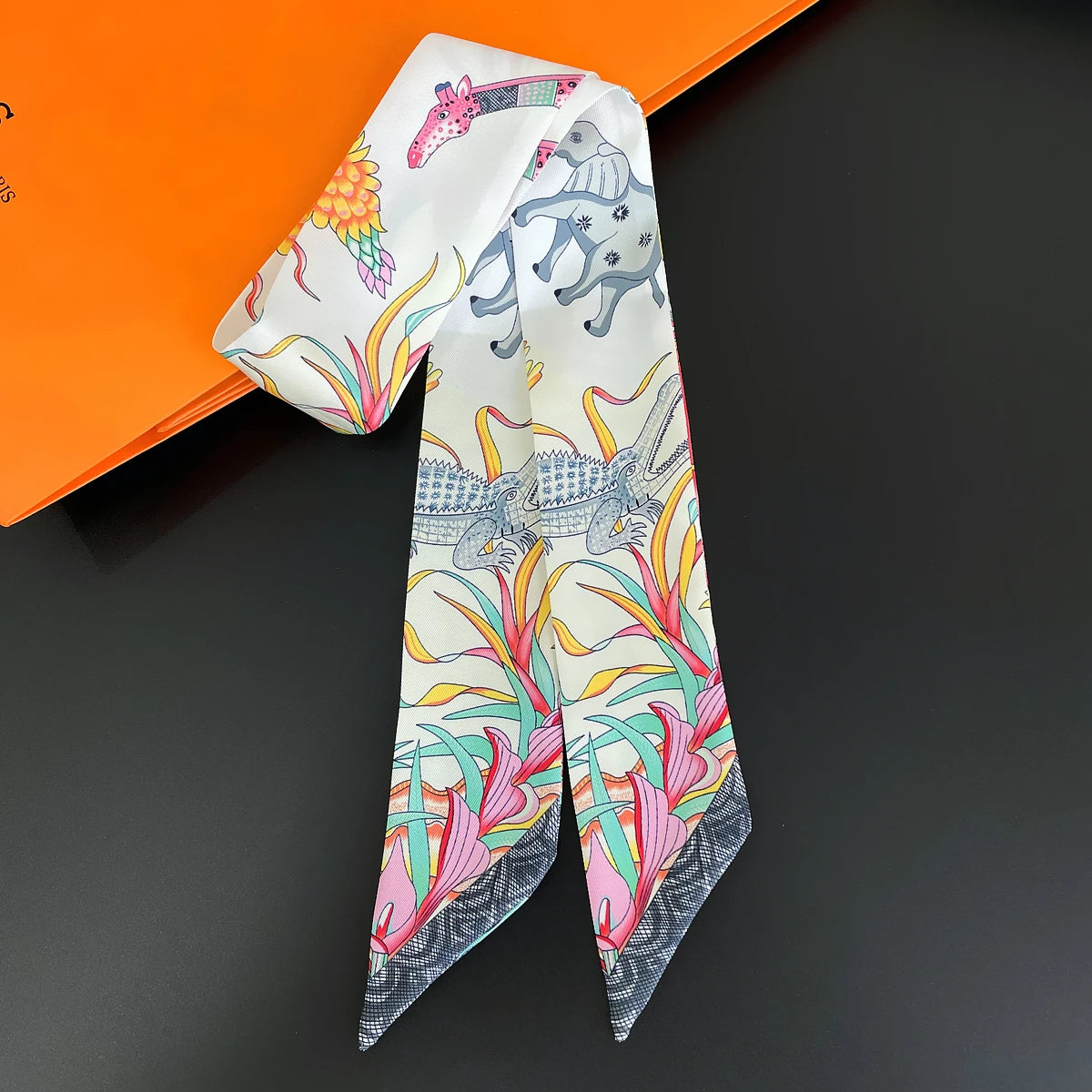 Colorful Printed Skinny Ribbon Scarf with Tie Ends