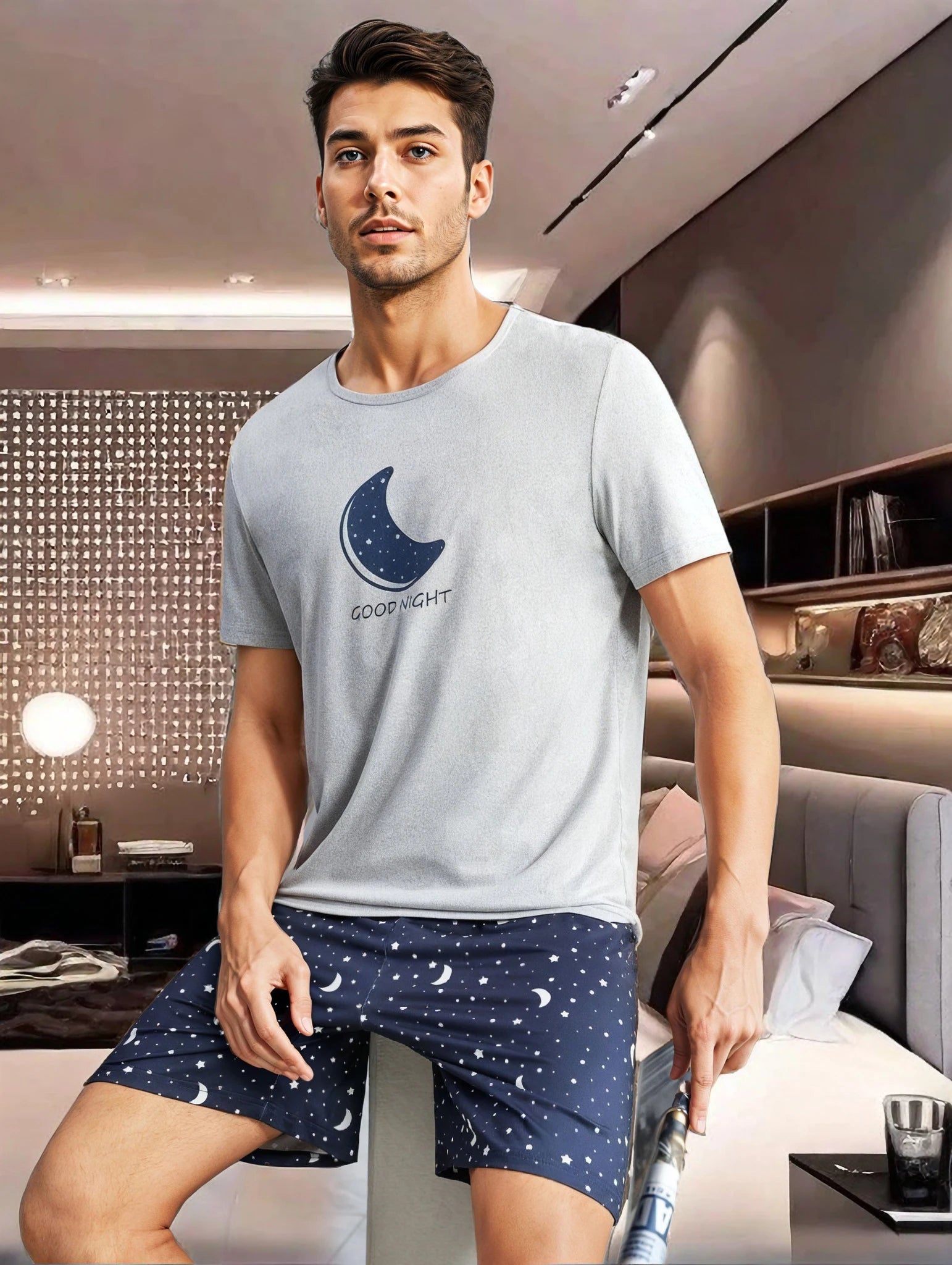Men's Moon Print T Shirt and Shorts Pajama Set