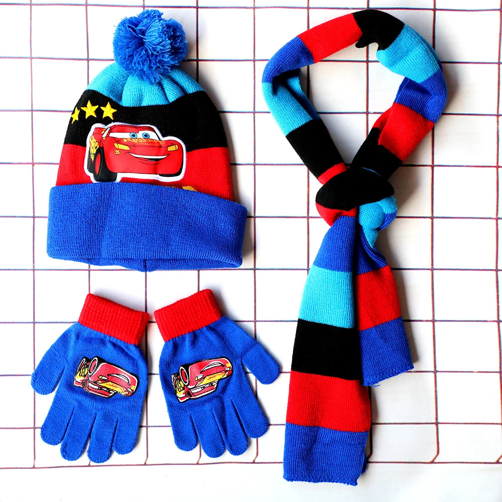 Children's Cars Cartoon Hat Scarf and Gloves Set for Winter Wear