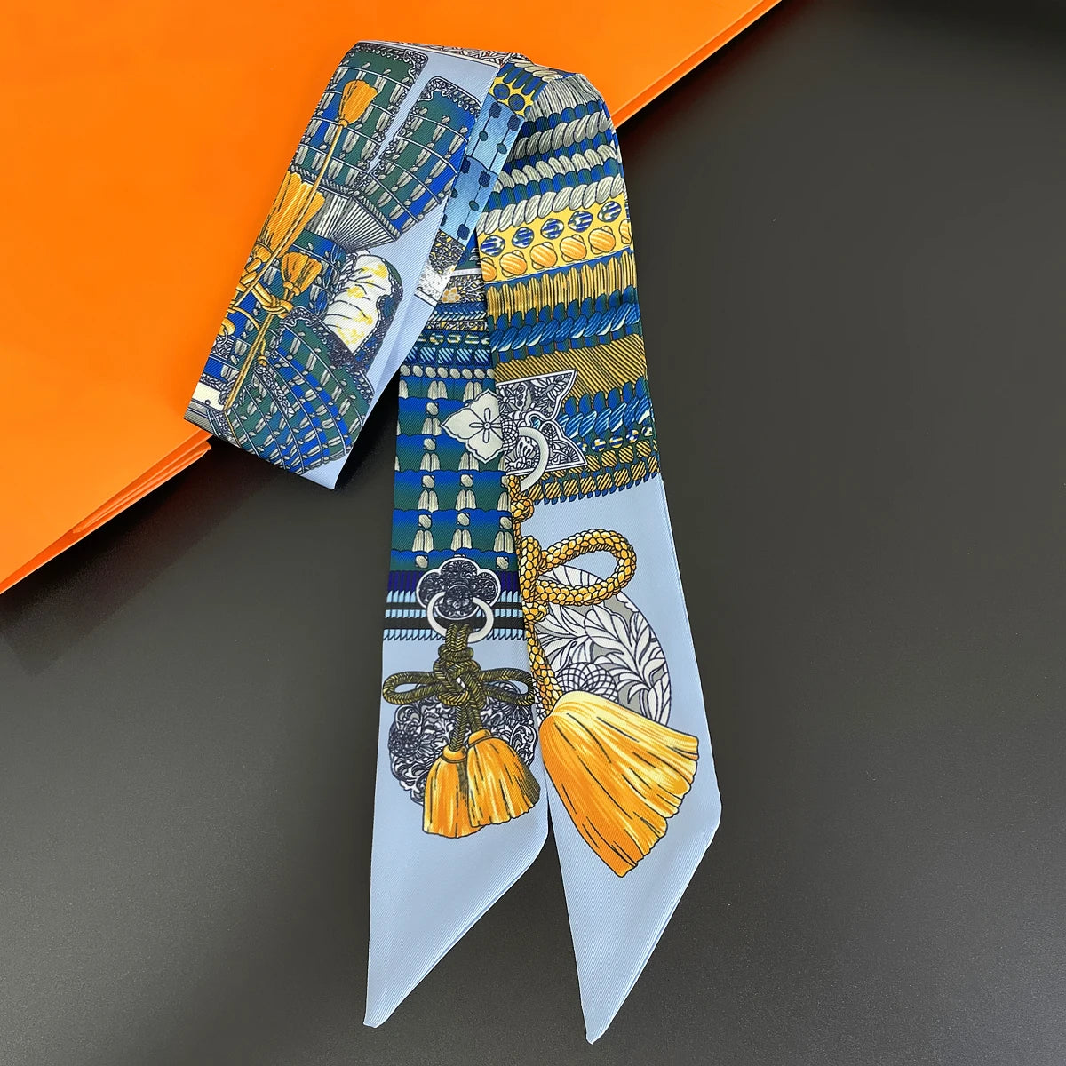 Colorful Printed Skinny Ribbon Scarf with Tie Ends