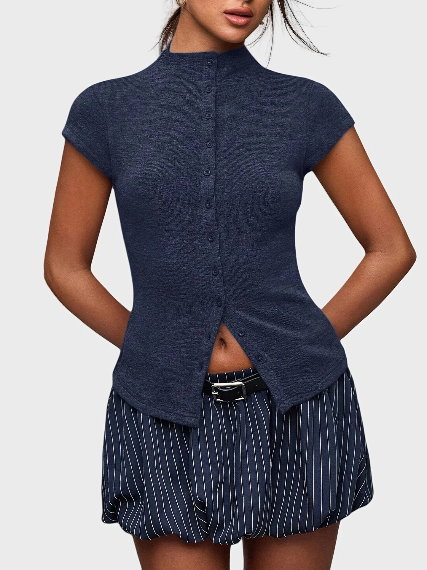 Women's Short Sleeve High Collar Button Front Cardigan