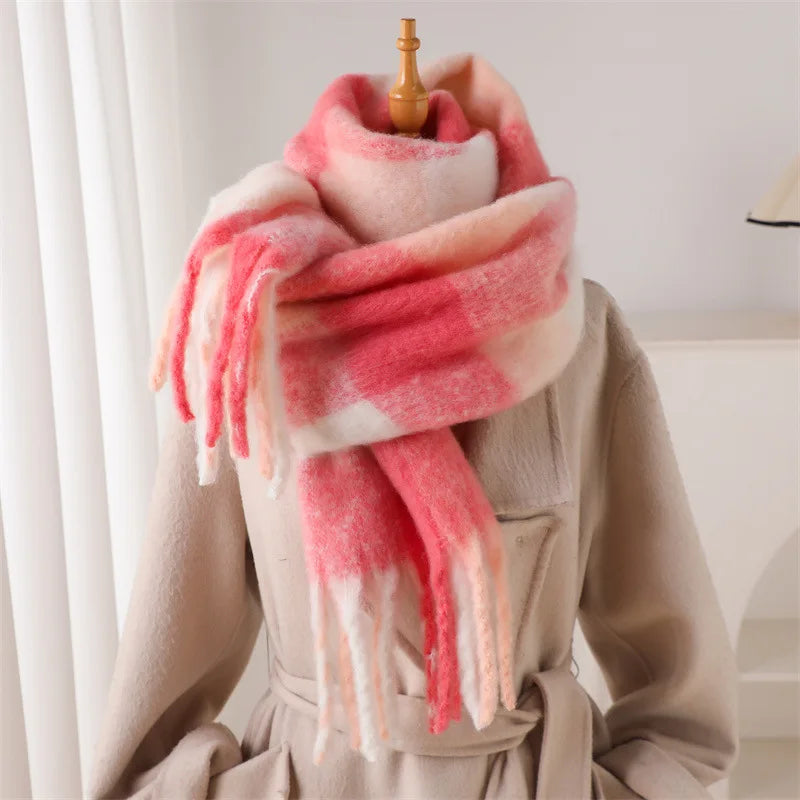 Multicolor Plaid Scarf with Long Shape and Fringed Ends