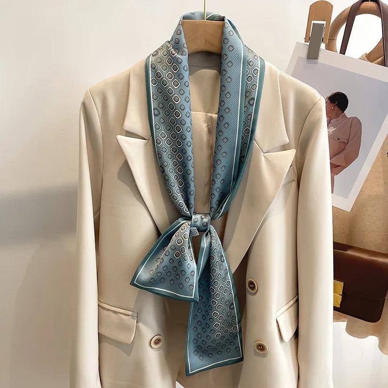 Printed Long Narrow Scarf with Decorative Ribbon Shape