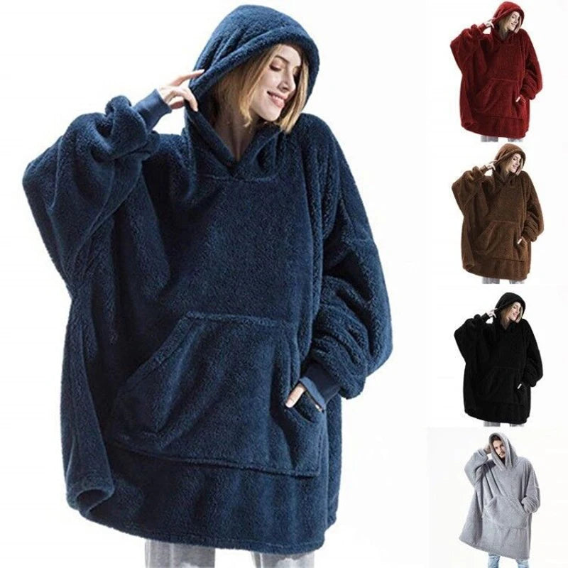 Oversized Fleece Blanket Hoodie with Long Sleeves and Front Pocket