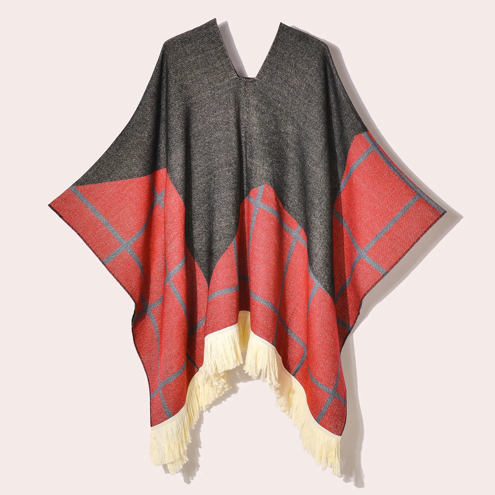 Geometric Pattern Fringe Poncho for Layering over Outfits