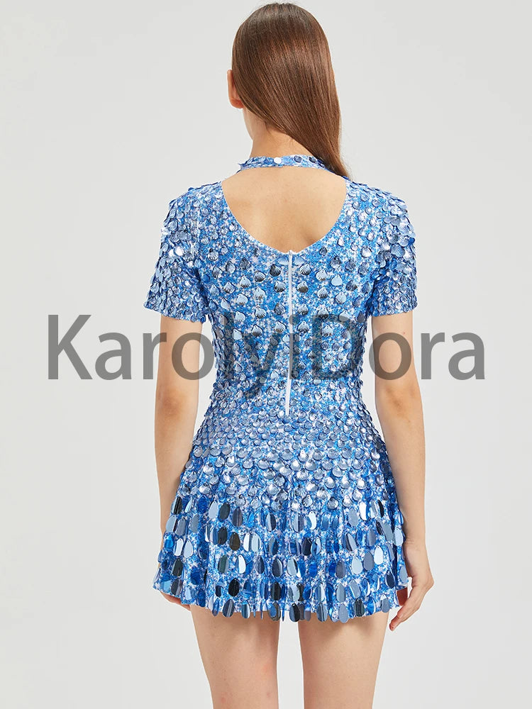 Women's Disc Sequin Mini Dance Dress with Short Sleeves and High Neck