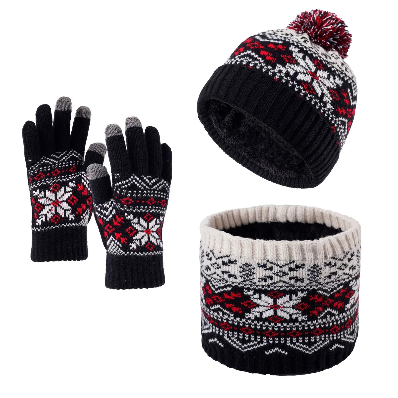 Children's Snowflake Knitted Hat Scarf and Gloves Set for Winter Wear