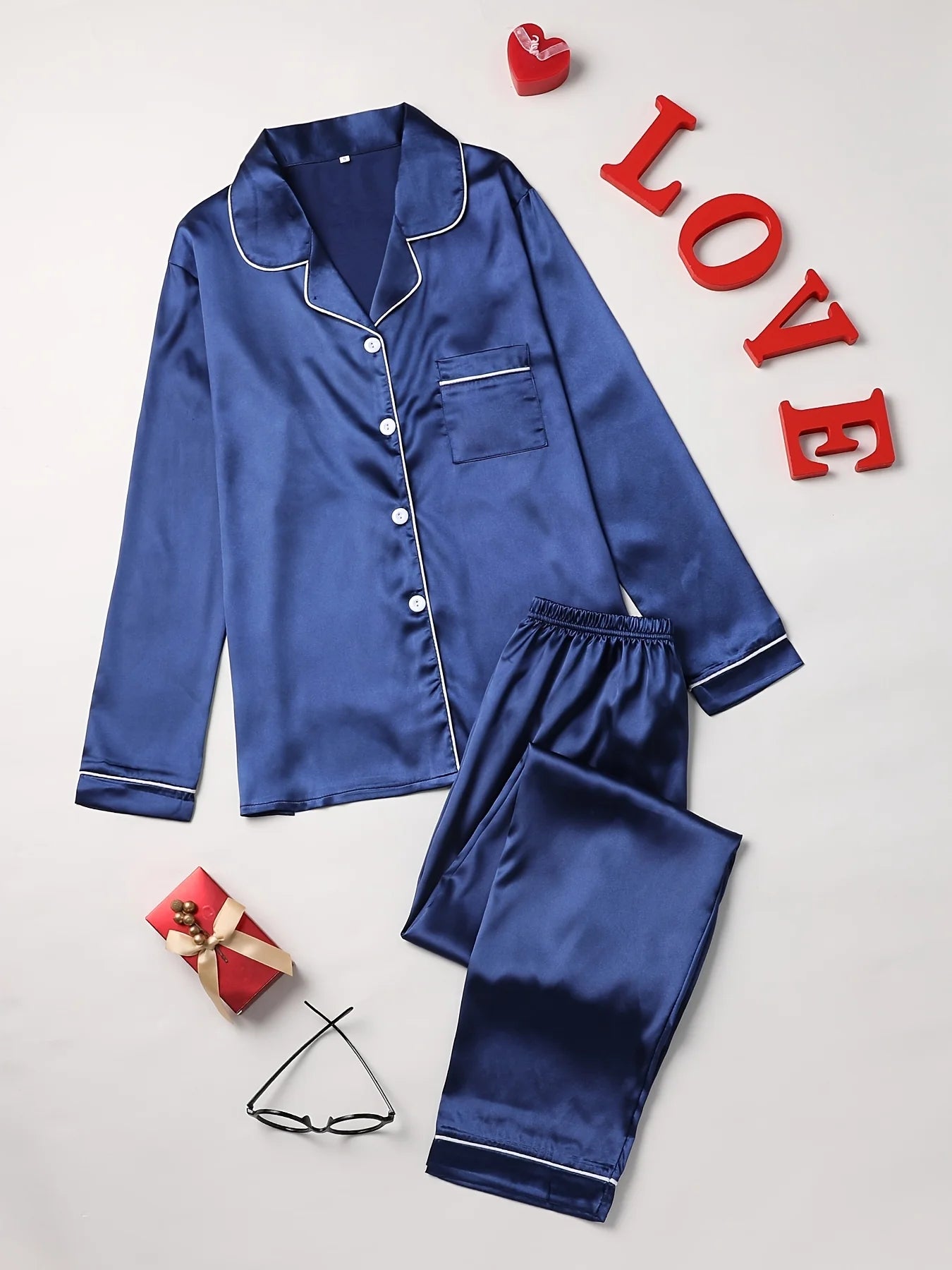 Women's Piped Button Front Long Sleeve Pajama Set with Top and Pants