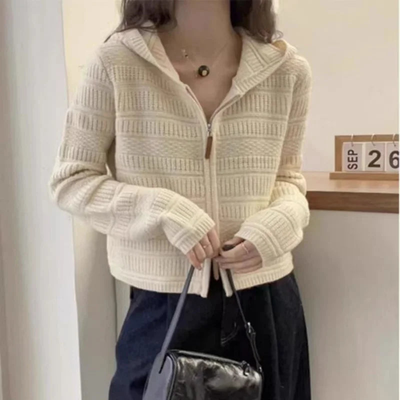 Autumn and Winter Thickened 100% Pure Wool Women's Hooded Knit Cardigan Loose Sweater Coat with Double Zippers Short Style