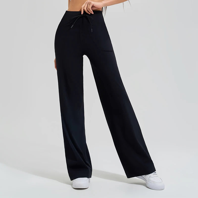 Women's Drawstring Waist Nylon Blend Wide Leg Workout Pants with Pockets