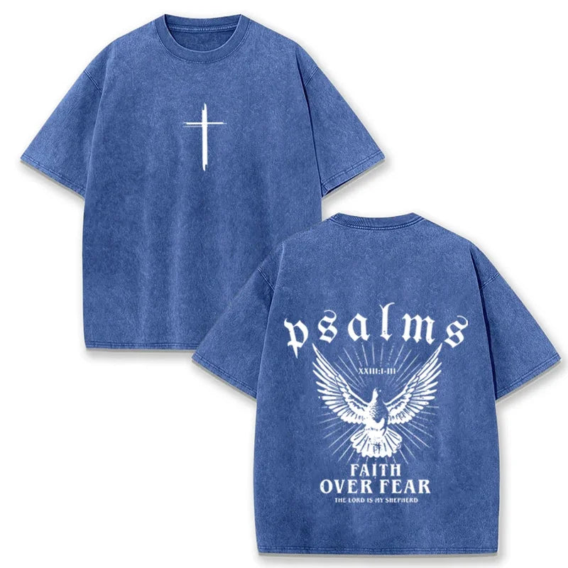 Retro Faith Over Fear T Shirt Psalms Dove Print Casual Washed Religious Streetwear