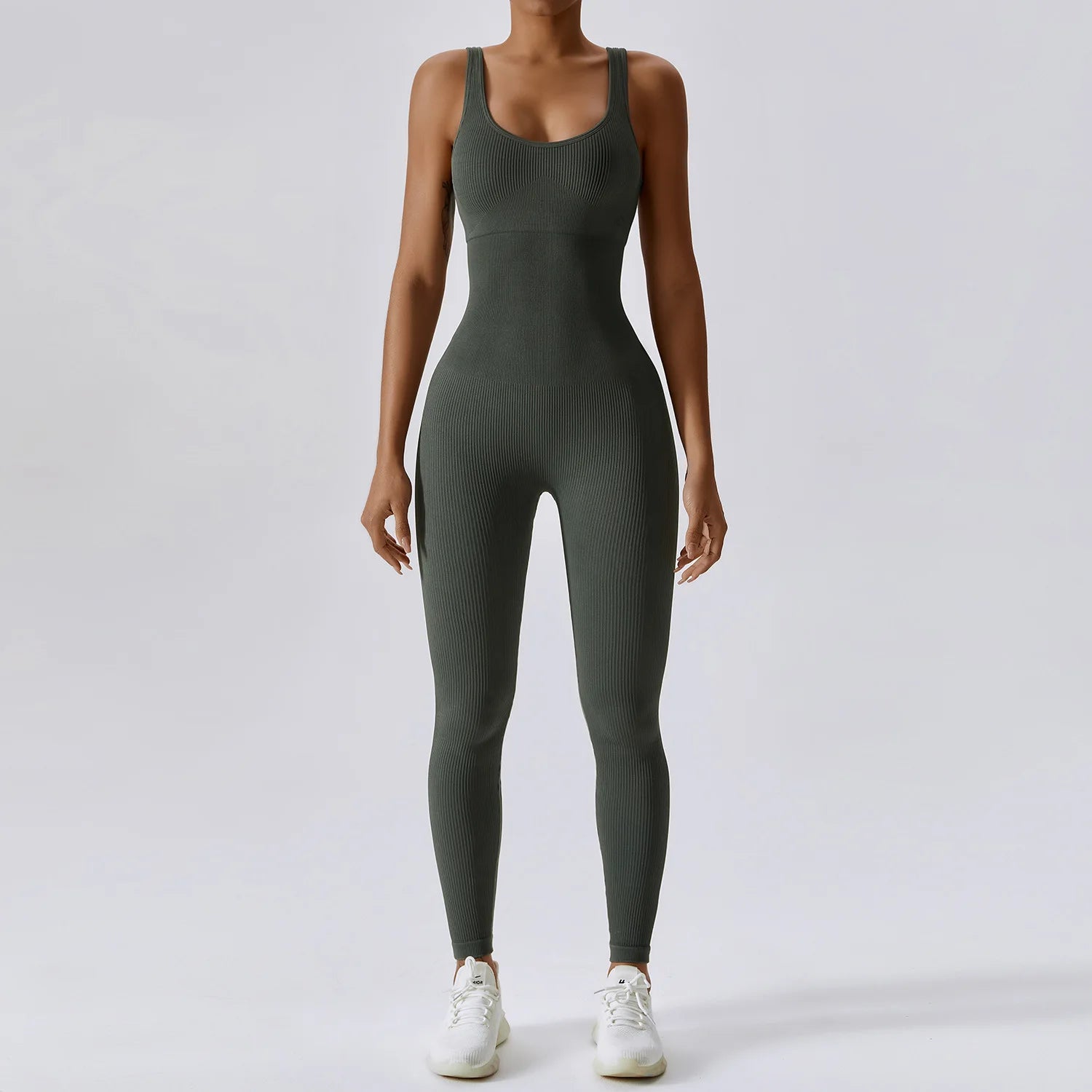 Women's Ribbed Nylon Blend Sleeveless Workout Jumpsuit with Scoop Neck