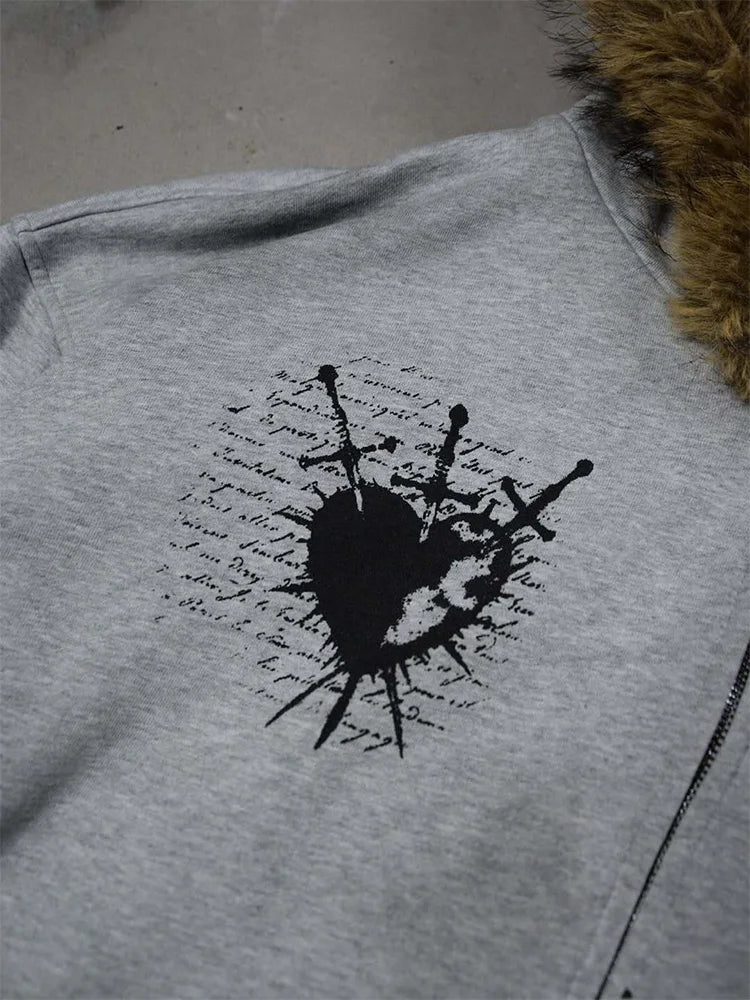 Fluffy Trim Long Sleeve Full Zip Casual Hoodie