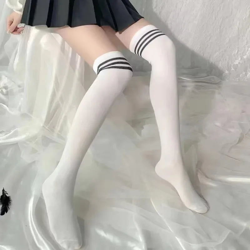 Striped Cuff Thigh High Socks with Solid Leg Shape
