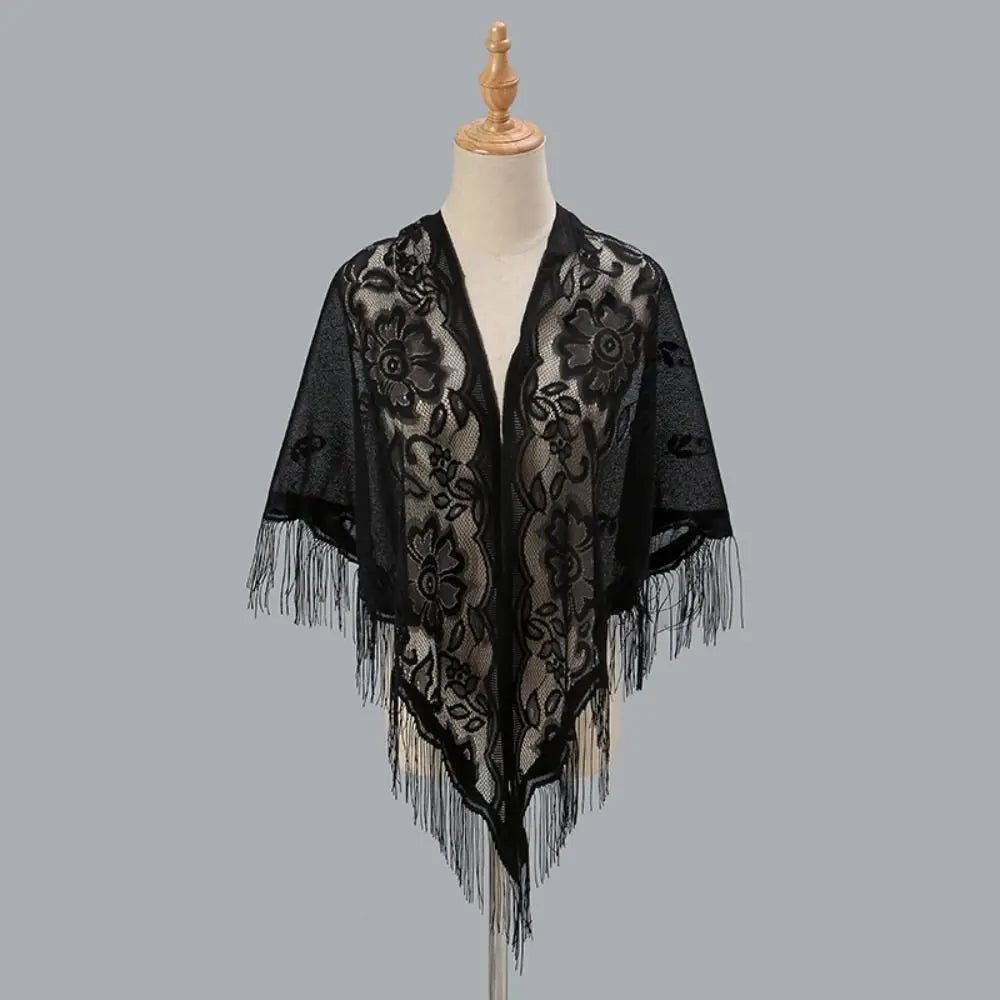 Floral Lace Fringed Wrap Scarf for Layering over Outfits