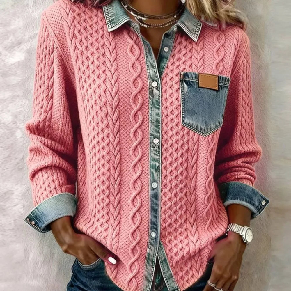 Women's Cable Knit Cardigan with Denim Look Panels