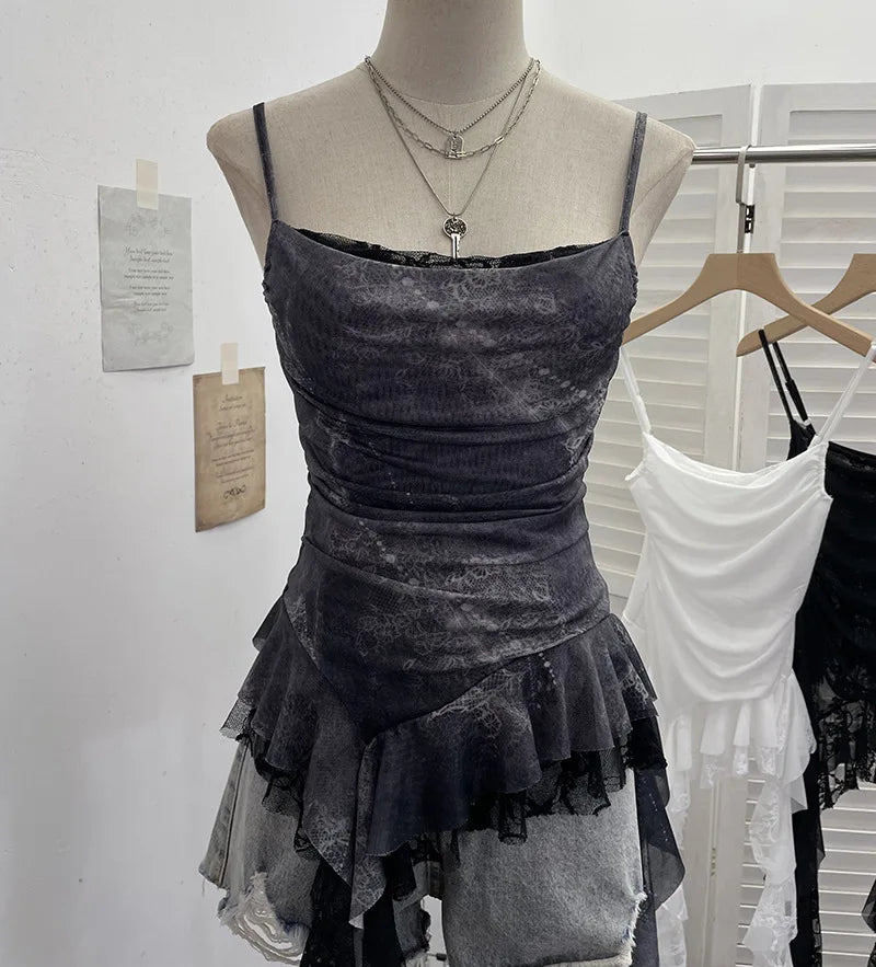 Women's Ruffled Polyester Camisole with Lace Trim and Asymmetric Style Options