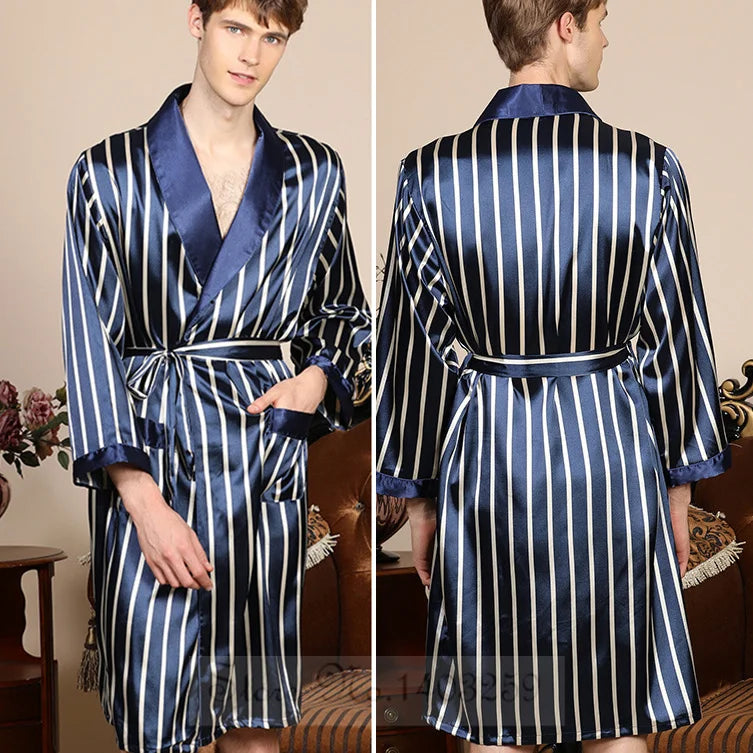 Men's Patterned Satin Long Sleeve Tie Waist Bathrobe with Pockets