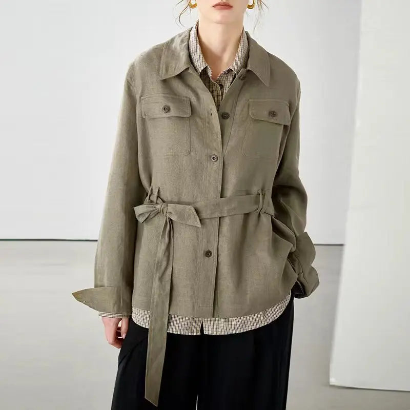 Women's Linen Long-Sleeve Collared Button-Front Jacket with Drawstring Waist and Front Pockets
