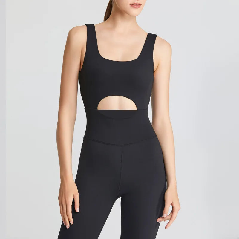 Women's Nylon Blend Workout Jumpsuit with Front Keyhole and Low V Back