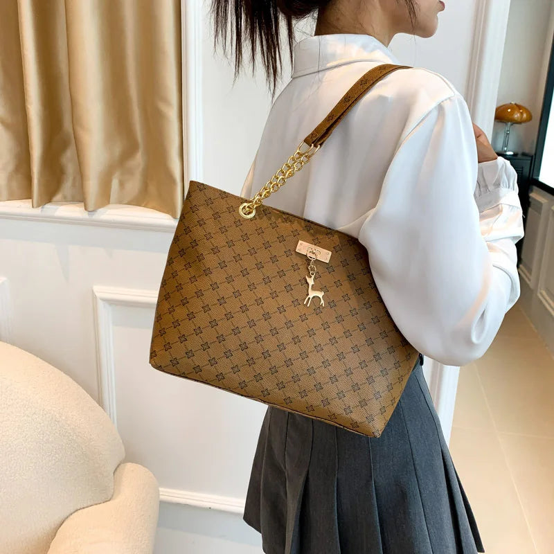 Patterned Tote Handbag with Chain Details and Shoulder Handles