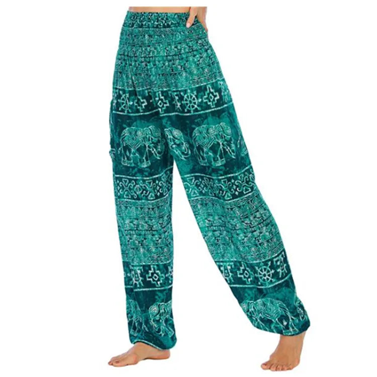 Women's Printed Nylon Harem Pants with Smocked Waist and Convertible Styling