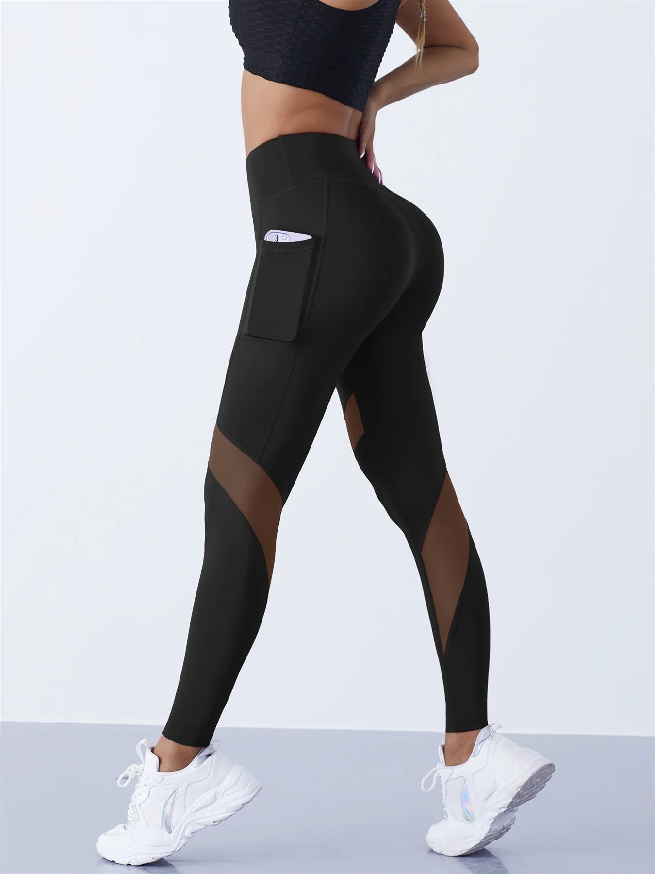 Women's Mesh Panel Side Pocket Panelled Full Length Leggings