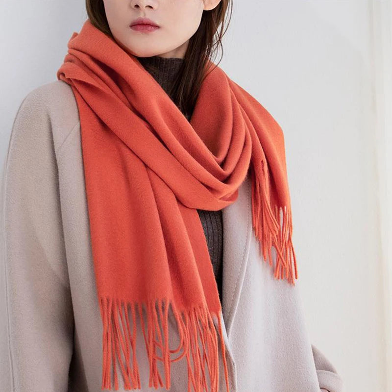 Solid Long Wool Scarf with Decorative Fringed Ends