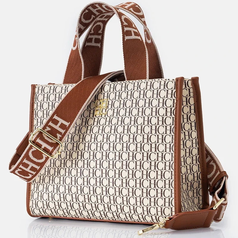 Women's Monogram Tote Handbag with Carry Handles and Shoulder Strap