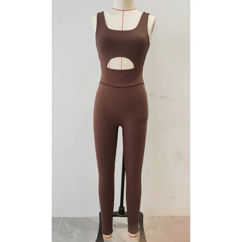 Women's Nylon Blend Workout Jumpsuit with Front Keyhole and Low V Back