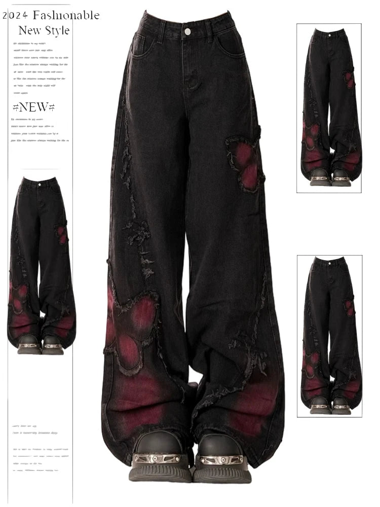 Women's Black Butterfly Graphic Wide Leg Denim Jeans