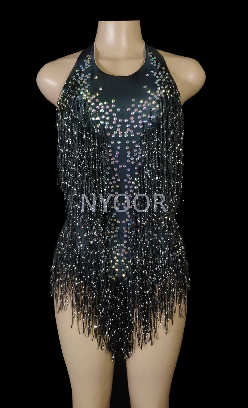 Women's Rhinestone Fringe Halter Dance Bodysuit for Stage Costume Outfits