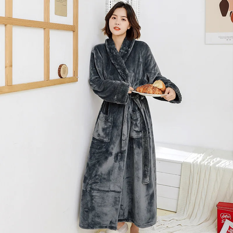 Fleece Lapel Collar Long Sleeve Tie Waist Homewear Bathrobe