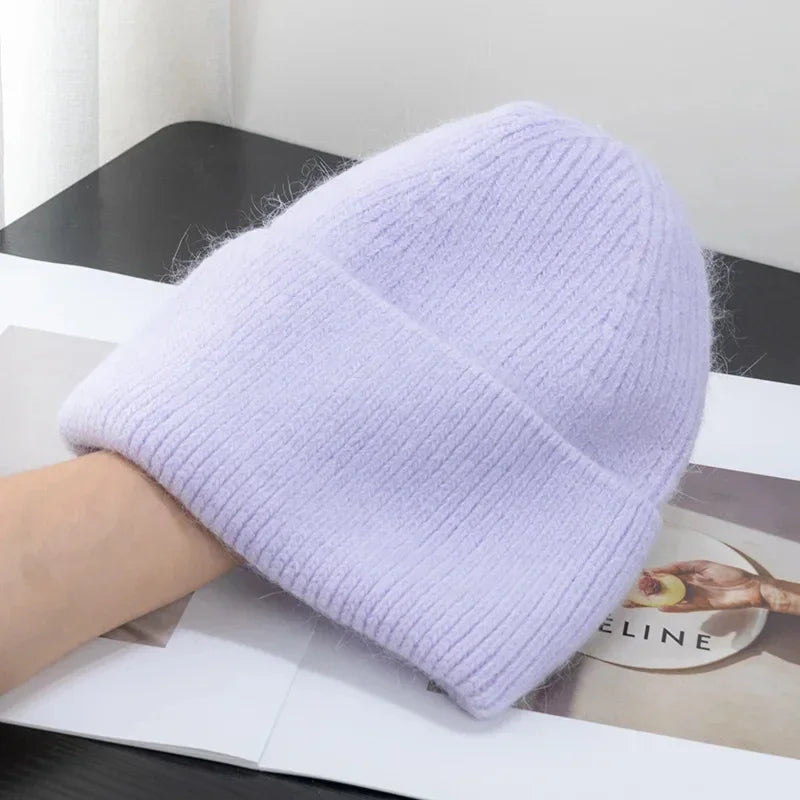 Solid Ribbed Knit Beanie with Folded Cuff Styling