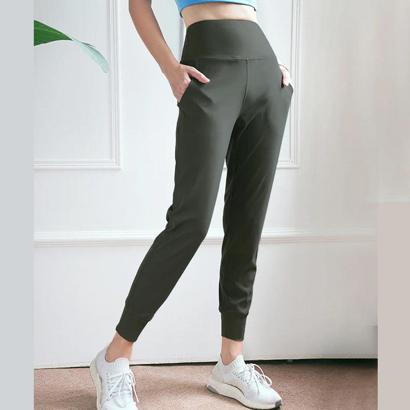 Women's High Waist Nylon Blend Workout Pants with Cuffed Ankles and Pockets