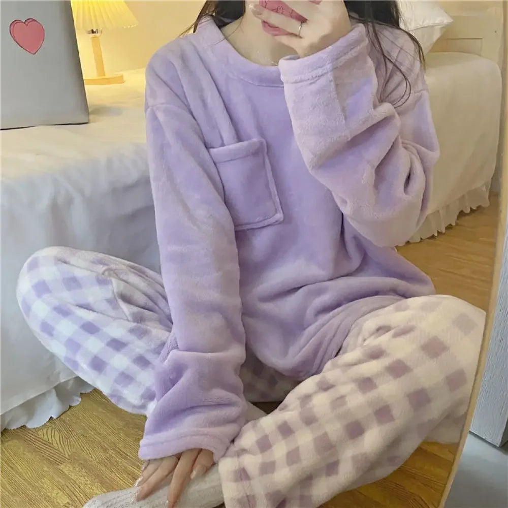Women's Long Sleeve Plaid Bottom Pajama Set with Top and Pants