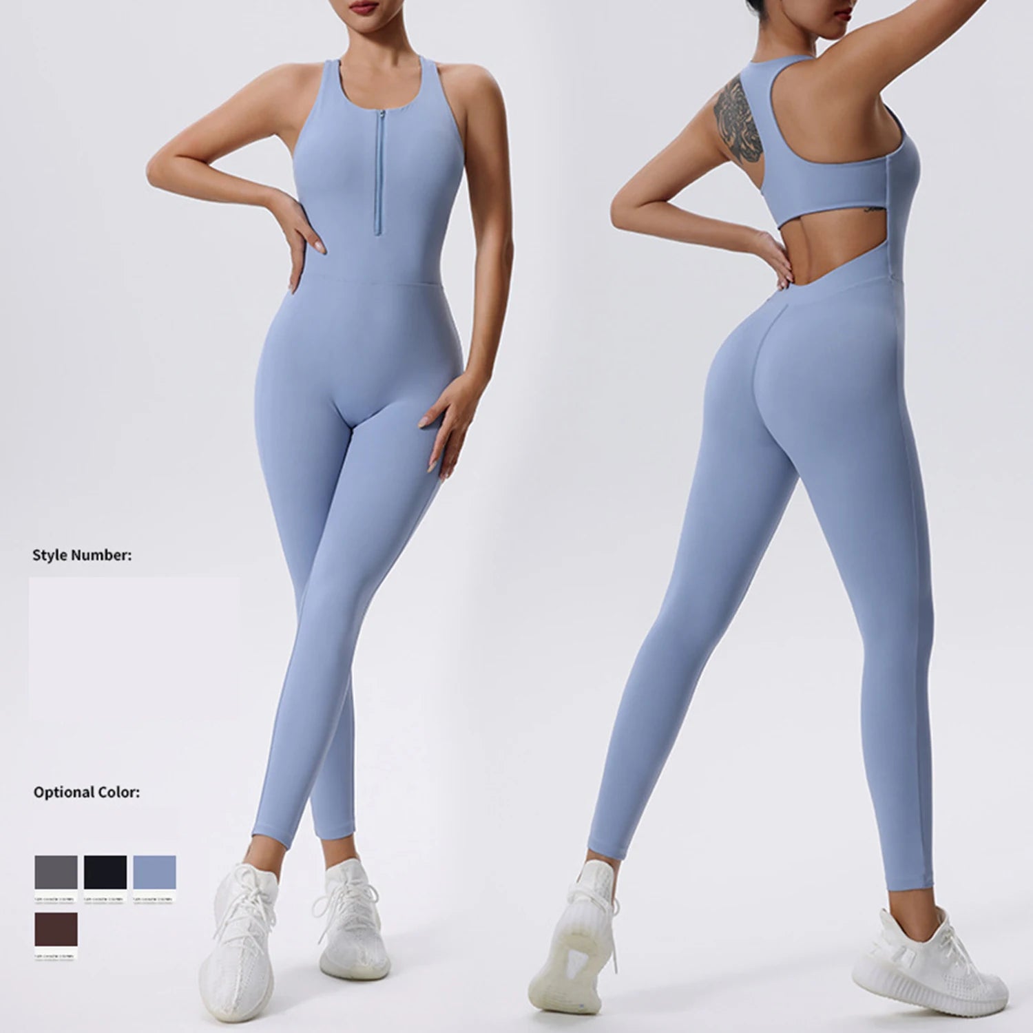 Women's Sleeveless Nylon Blend Workout Jumpsuit with Front Zipper and Back Cutout