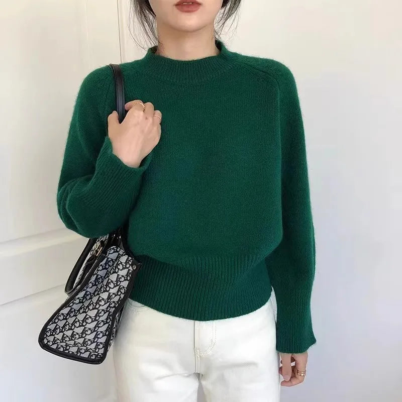Pure wool retro sweater crewneck pullover short knitwear women's top trend