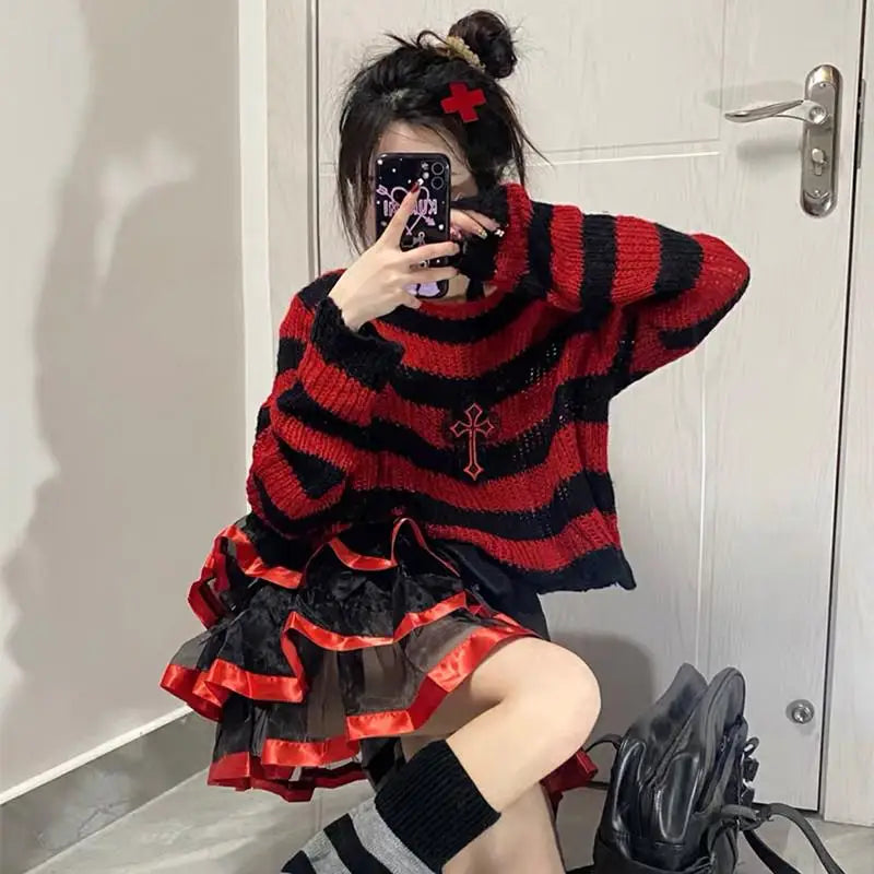 Women's Striped Long Sleeve Knit Sweater Casual Knit Layer